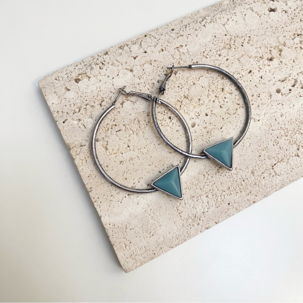 4/$15 Vintage Silver Hoops Blue Triangular Stones Earrings